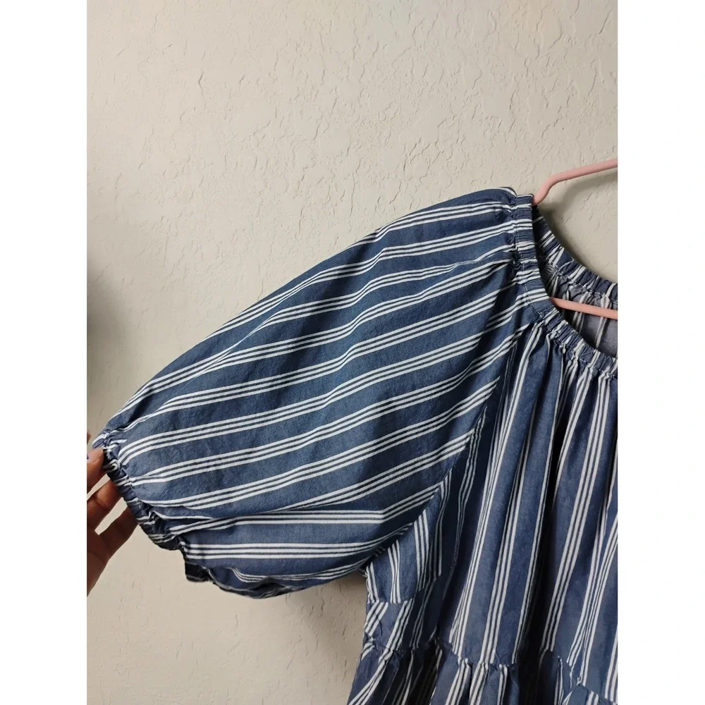 Old Navy Blue‎ White Stripe Off Shoulder Peplum Top Puff Sleeve Size L